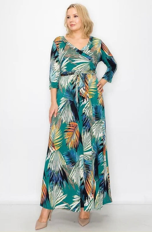 Maxi Dress Green with Leaves