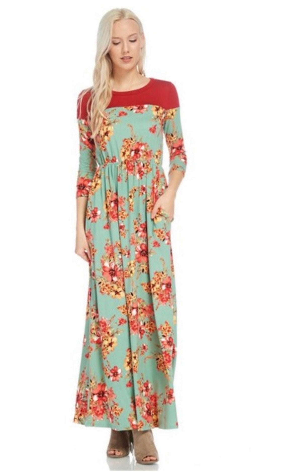 Maxi Dress Mint Green with Red